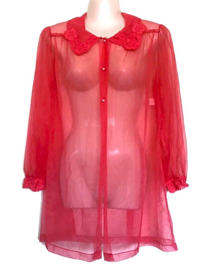 1950s Vintage Sheer Red Robe Babydoll Lingerie Size 36 Medium Large